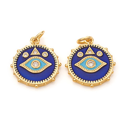 Brass Micro Pave Cubic Zirconia Pendants, with Jump Rings and Enamel, Flat Round with Evil Eye