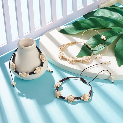 3Pcs 3 Color Synthetic Turquoise(Dyed) Tortoise Braided Bead Bracelets Set, Gemstone Adjustable Bracelets for Women