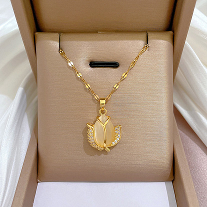 Cat Eye Tulip Pendant Necklace in Genuine Gold - Elegant, Delicate, Lucky Charm