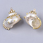 Natural Conch Shell Pendants, with Brass Rhinestone Cup Chains and Iron Loops, Golden