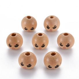 Printed Natural Wood Beads, Undyed, Round