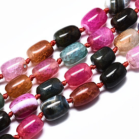 Natural Multi-Color Agate Beads Strands, Crackle Style, Dyed & Heated, Barrel