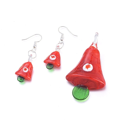 Handmade Lampwork Jewelry Sets, Pendants and Dangle Earrings, with Brass Earring Hooks, Christmas Bell