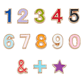 SUPERFINDINGS Alloy Enamel Beads, Number 0~9 and Star and Plus Sign and Ampersand &, Cadmium Free & Lead Free, Light Gold
