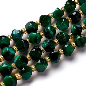 Natural Green Tiger Eye Beads Strands, with Seed Beads, Six Sided Celestial Dice