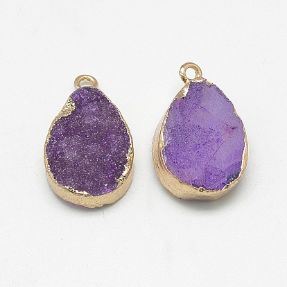 Natural Druzy Agate Pendants, Dyed, Drop, with Golden Tone Brass Findings