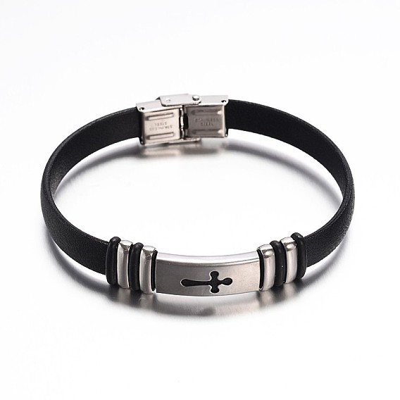 Joyas de color negro pulseras cordón de cuero de la PU, con 304 hallazgos de acero inoxidable y cierre de correa de reloj, cruzar, 235x10 mm