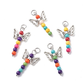 Synthetic Turquoise Beads Pendant, with Alloy Finding and 304 Stainless Steel Jump Rings, Butterfly