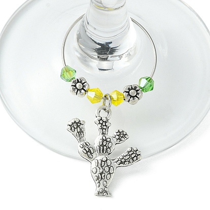 Encantos de copa de vino de cactus de aleación de estilo tibetano, con cuentas de vidrio y anillos de latón para copas de vino
