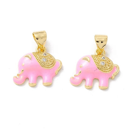 Rack Plating Brass Cubic Zirconia Charms, with Enamel, Cadmium Free & Lead Free, Real 18K Gold Plated, Elephant