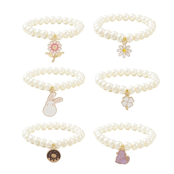 Bracelet extensible en perles d'imitation de verre avec breloques en alliage d'émail