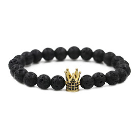 Black Lava Stone Crown Bracelet with Micro Zirconia, Elastic Beaded Jewelry for Men and Women