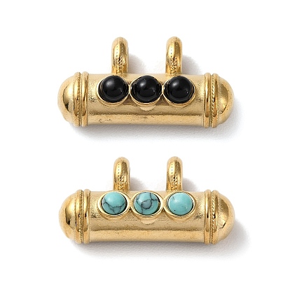 Boho Style Gemstone 3-Bead Pendants, Column Charms with Golden Plated 304 Stainless Steel Findings