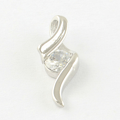 Plaqué véritable platine laiton cubique pendentifs en zircone, 20x8x4mm, Trou: 2x3.5mm