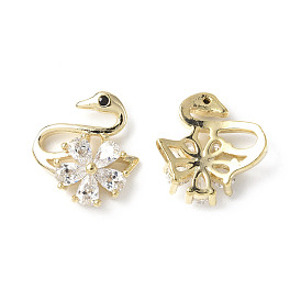 Brass Micro Pave Clear Cubic Zirconia Cabochons, Swan with Flower