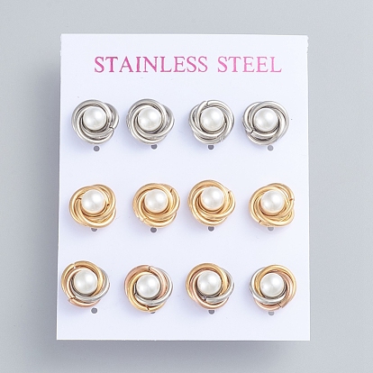 304 Stainless Steel Stud Earrings, Love Knot Earrings, with Plastic Imitation Pearl Beads and Ear Nuts