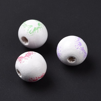 Easter Theme Printed Wood European Beads, Large Hole Beads, Round with Rabbit Pattern