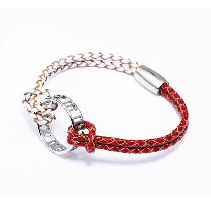 Alliage anneau liens bracelets, avec cordon en cuir et fermoirs magnétiques en alliage