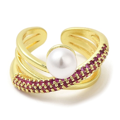 Открытое кольцо-манжета с кубическим цирконием и пластиковыми жемчужными бусинами, золотые латунные кольца