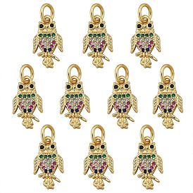 10Pcs Rack Plating Brass Micro Pave Cubic Zirconia Charms, with Jump Ring, Cadmium Free & Lead Free, Owl