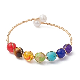 Natural & Synthetic Mixed Stone & Pearl Beaded Bangle, Brass Cuff Bangles