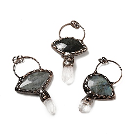Natural Quartz Crystal & Labradorite Nuggets Big Pendants, Large Hole Pendants, with Red Copper Tone Brass Findings, Cadmium Free & Lead Free, Fan-shaped