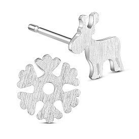 SHEGRACE 925 Sterling Silver Stud Earrings, Asymmetrical Earrings, with Snowflake and Reindeer, Christmas