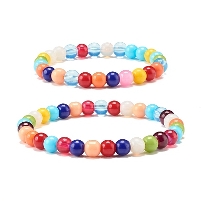 Ensemble de bracelets extensibles en perles de verre rondes de couleur bonbon pour enfants et parents, jolis bracelets de couple