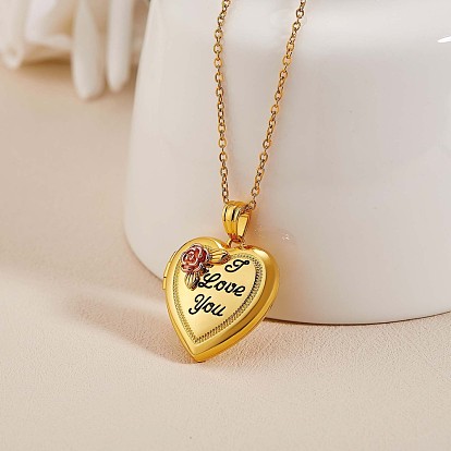 Heart with Rose Flower Picture Locket Pendant Necklace, Word I Love You Brass Memorial Jewelry for Women