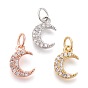 Brass Micro Pave Clear Cubic Zirconia Charms, Long-Lasting Plated, with Jump Rings, Moon