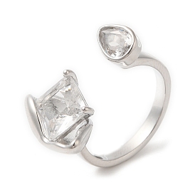 Glass Rhombus & Teardrop Open Cuff Ring, Brass Ring for Women