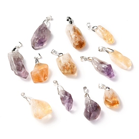 Natural Amethyst & Citrine Pendants, with Platinum Tone Brass Snap on Bails, Nuggets