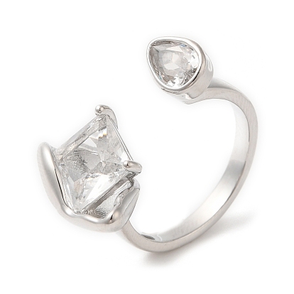 Glass Rhombus & Teardrop Open Cuff Ring, Brass Ring for Women