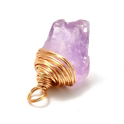 Natural Quartz Pendants, with Real 18K Gold Plated Eco-Friendly Copper Wire, Nuggets