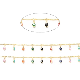 Brass Bar Link Chains, with Colorful Enamel Oval with Evil Eye Charms, Soldered, with Spool