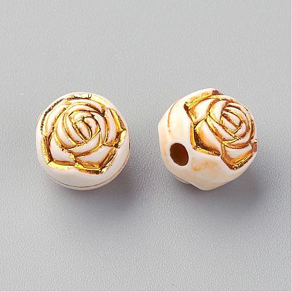 Plating Acrylic Beads, Golden Metal Enlaced, Round with Flower
