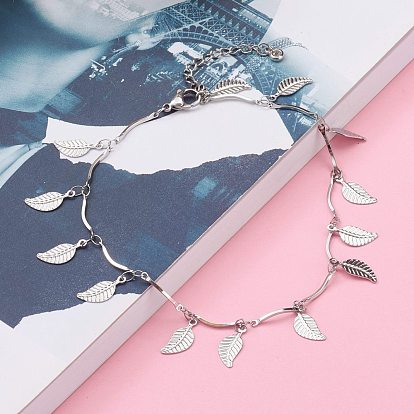 304 Stainless Steel Leaf Charm Anklets, with Bar Link Chains