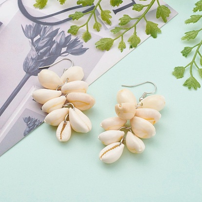 Natural Cowrie Shell Dangle Earrings, Cluster Earrings, with Brass Earring Hooks, Platinum
