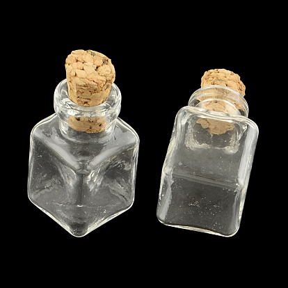 Bouteille en verre parallélépipède pour les conteneurs de perles, avec bouchon en liège, souhaitant bouteille, 25x14x14mm, Trou: 6mm