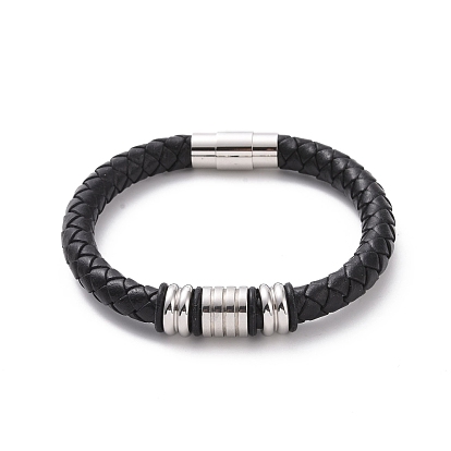 304 Stainless Steel Column Beaded Bracelet with Magnetic Clasps, Black Leather Braided Cord Punk Wristband for Men Women