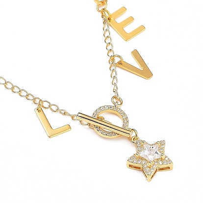 Valentine's Day Brass Micro Pave Clear Cubic Zirconia Pendant Necklaces, with 304 Stainless Steel Letter Charms, Paperclip Chains and Toggle Clasps, Star & Word Love