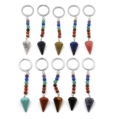 Gemstone Cone Pendant Keychain, with 7 Chakra Gemstone Beads and Platinum Tone Brass Findings
