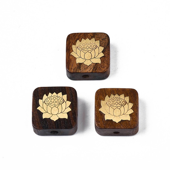 Perles de bois de rose naturel non teintées, avec des tranches de laiton brut (non plaqué) en forme de lotus, carrée