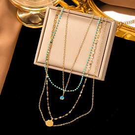 Pendentif fleur et mauvais œil en acier titane colliers multicouches, colliers de perles de verre et de turquoise de style bohème pour les femmes