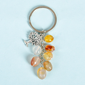 Natural Gemstone Cluster Keychain, Tumbled Stone, Alloy Tree of Life Charms Keychain