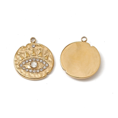 Vacuum Plating 201 Stainless Steel Pendants, Crystal Rhinestone Flat Round with Eye Pattern Charms