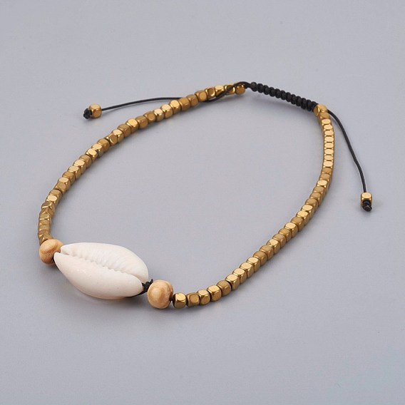 Cheville en nylon tressé réglable, avec cauris et bois, galvanoplastie perles d'hématite non-magnétiques