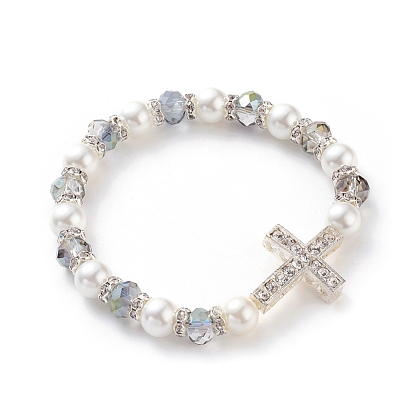 Perles de verre galvanoplastie étendent bracelets, avec des perles de strass en alliage, perles rondes en perles de verre et entretoises en laiton, croix