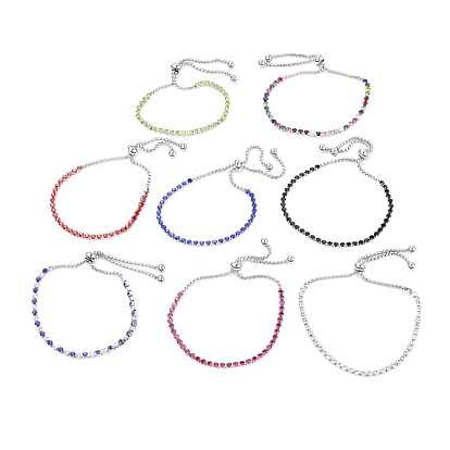 Réglable 304 bracelets coulissants chaînes strass strass en acier inoxydable, bracelets bolo, avec des chaînes de boîte, couleur inox
