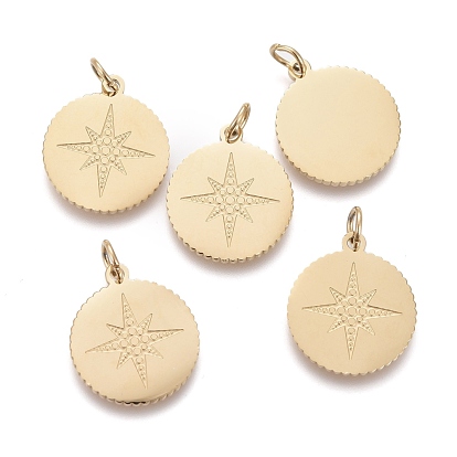 Ion Plating(IP) 304 Stainless Steel Pendants, with Jump Ring, Laser Cut, Flat Round with Star